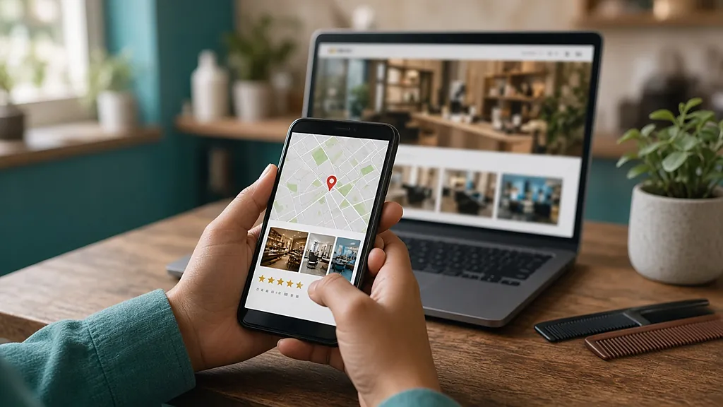 Google business profile vs website: hands holding a phone with a local map listing and star ratings in front of a laptop showing the same business website