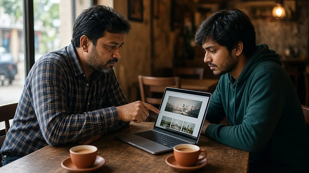 Website cost India 2026: small business owner reviewing a website proposal on a laptop with a freelance developer over tea