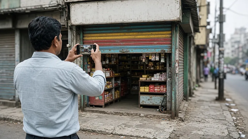 Small business online Kolkata: shop owner photographing his storefront with a smartphone for his Google Business Profile