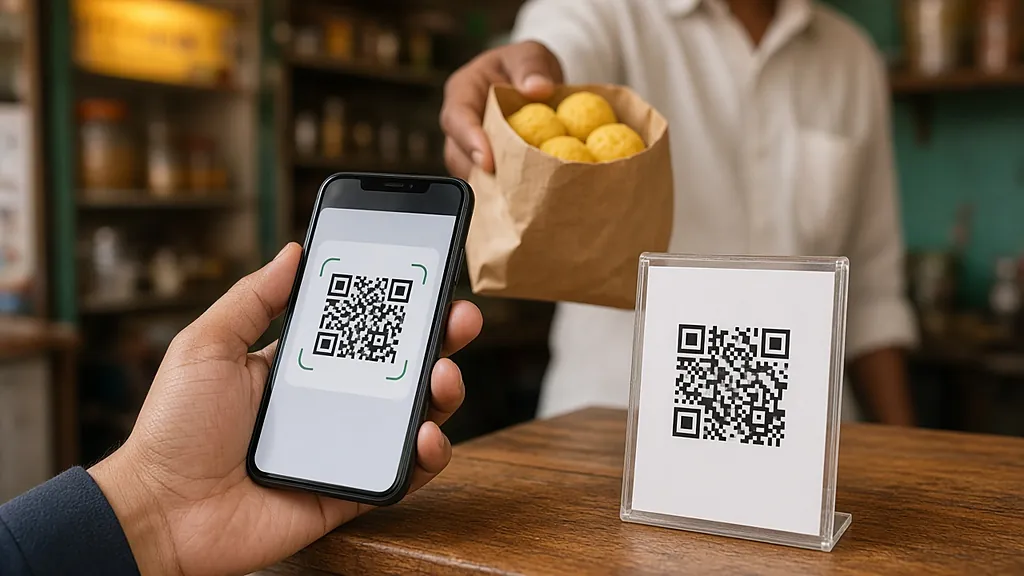Small business online Kolkata: customer scanning a UPI QR code on the counter while the shopkeeper hands over a bag of sweets
