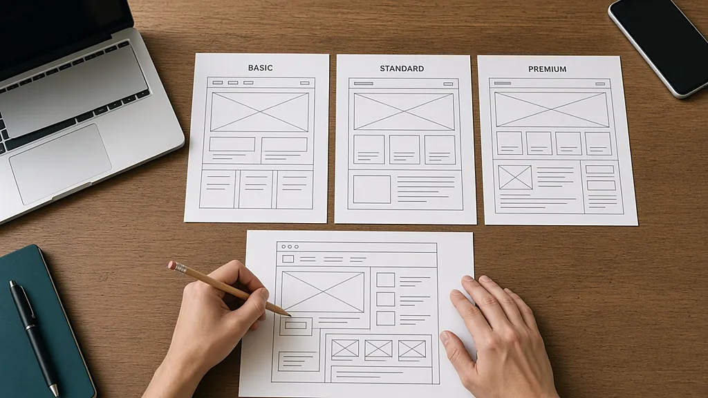 Website cost India 2026: basic, standard and premium website wireframes on a desk with a designer sketching a new layout