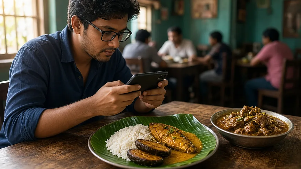 Website for salon restaurant Howrah: restaurant owner photographing fish curry and kosha mangsho for his website menu