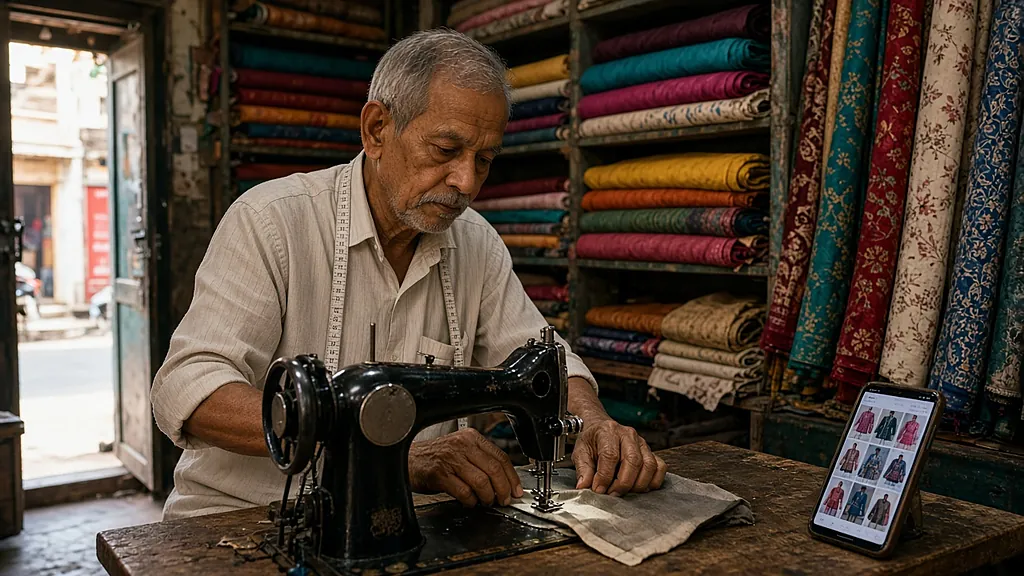 Website for salon restaurant Howrah: tailor at his sewing machine with a phone showing a gallery of stitched garments