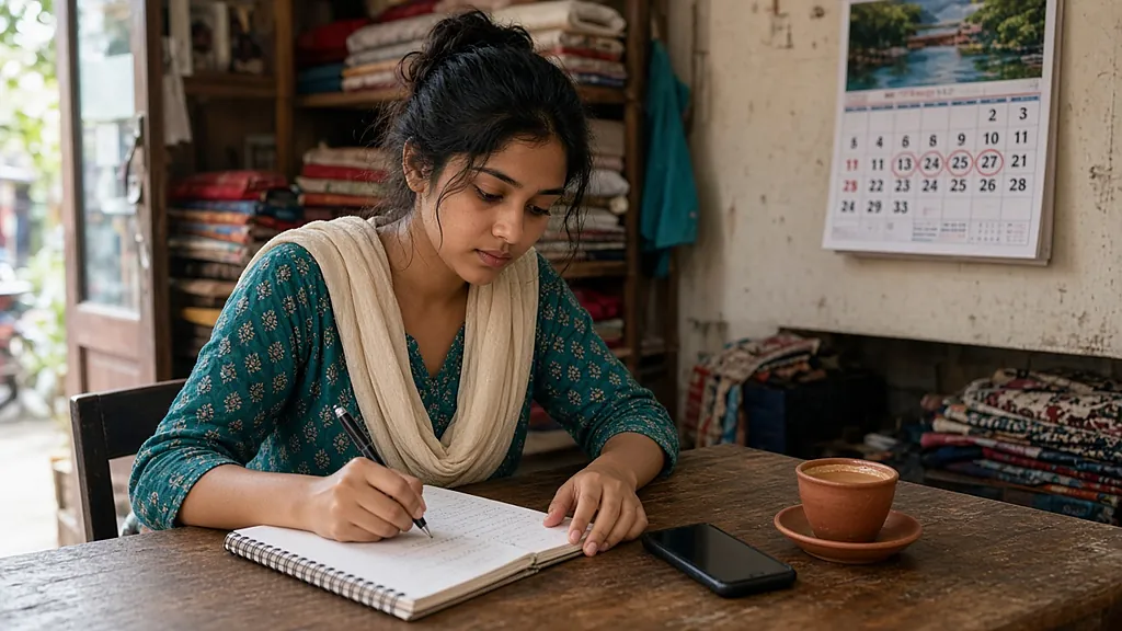 West Bengal boutique owner writing a 30-day Google business profile and website plan in a notebook, calendar and chai on the desk