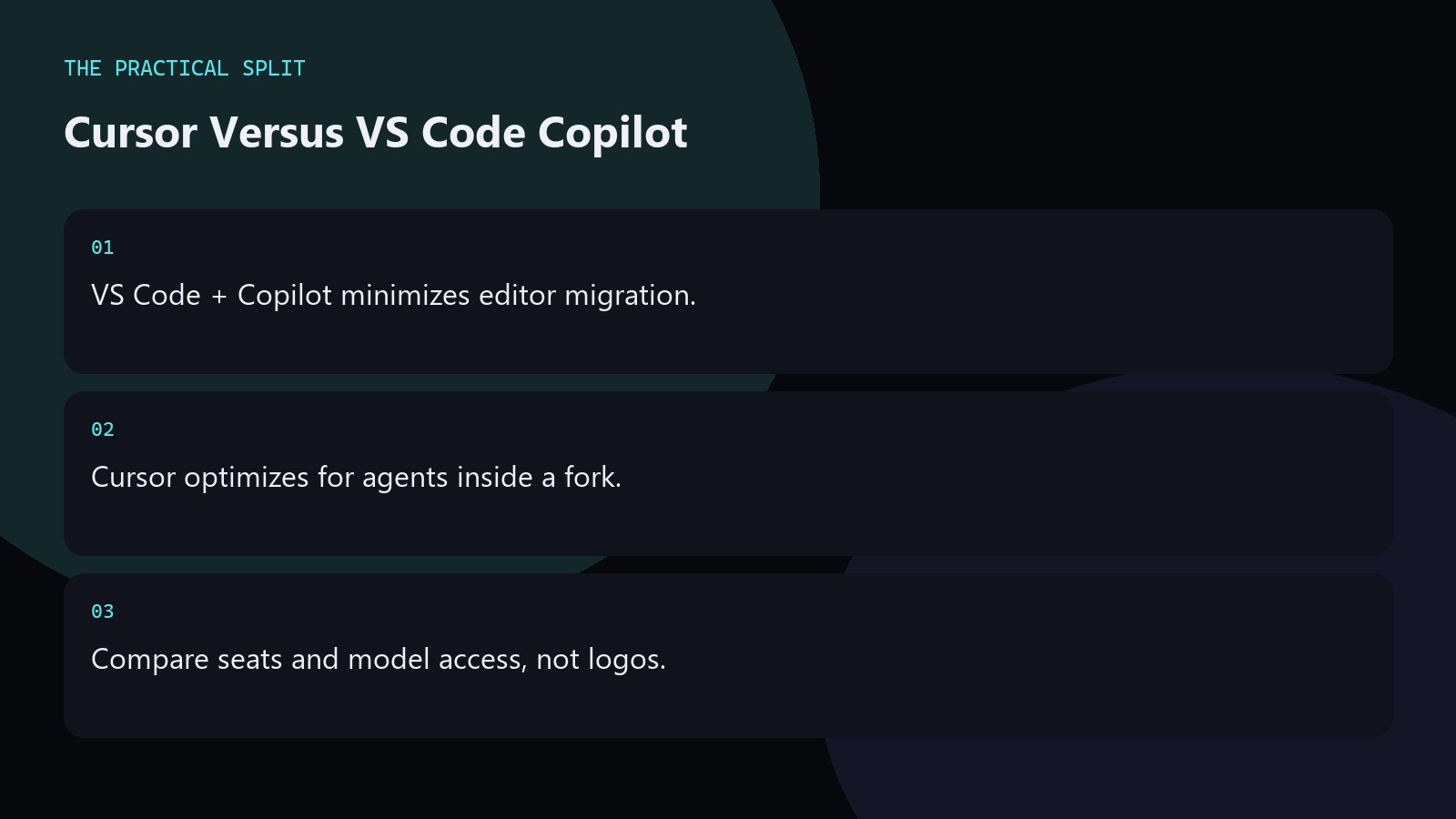 Cursor Versus VS Code Copilot. VS Code + Copilot minimizes editor migration.