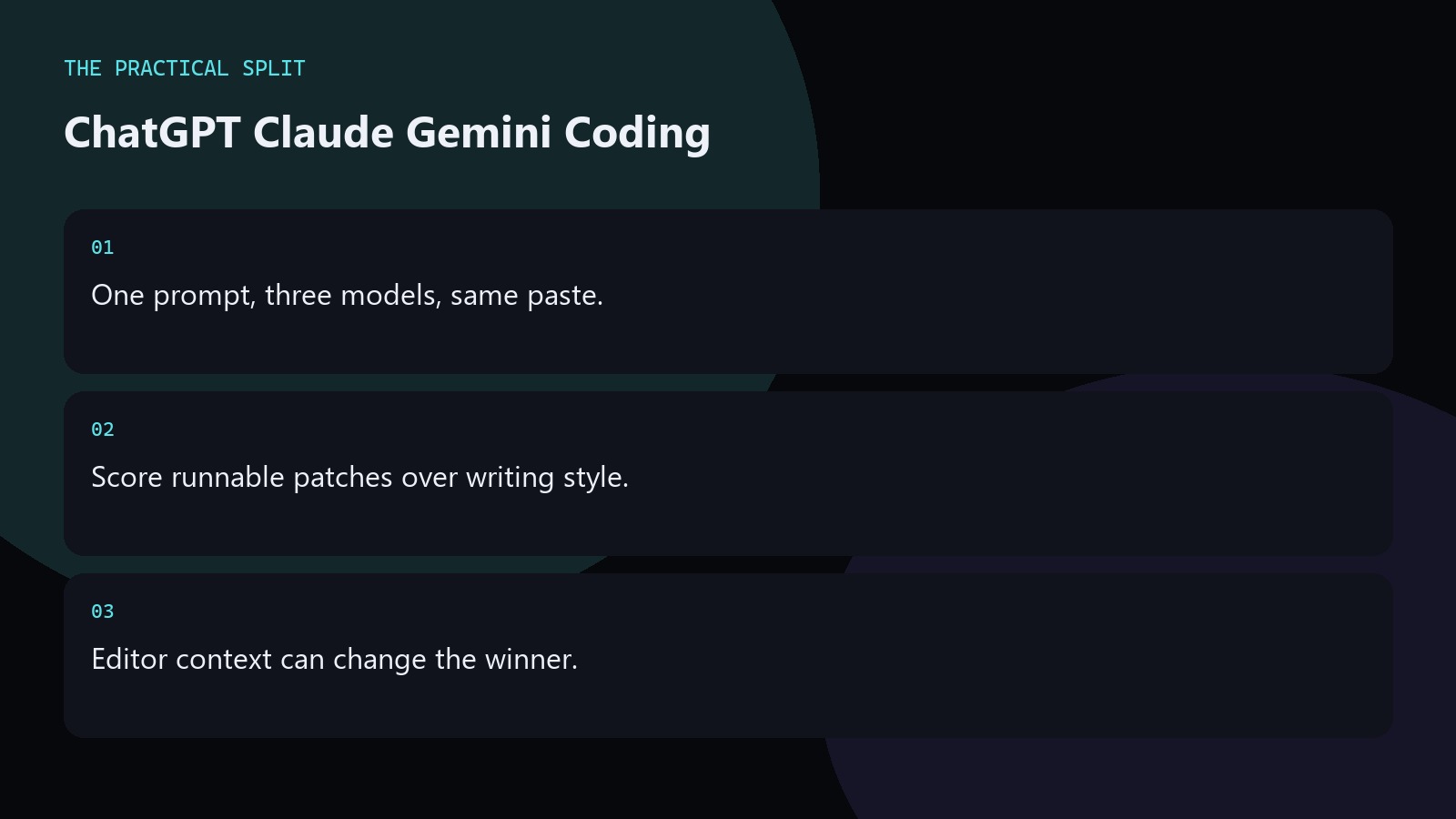 ChatGPT Claude Gemini Coding. One prompt, three models, same paste.