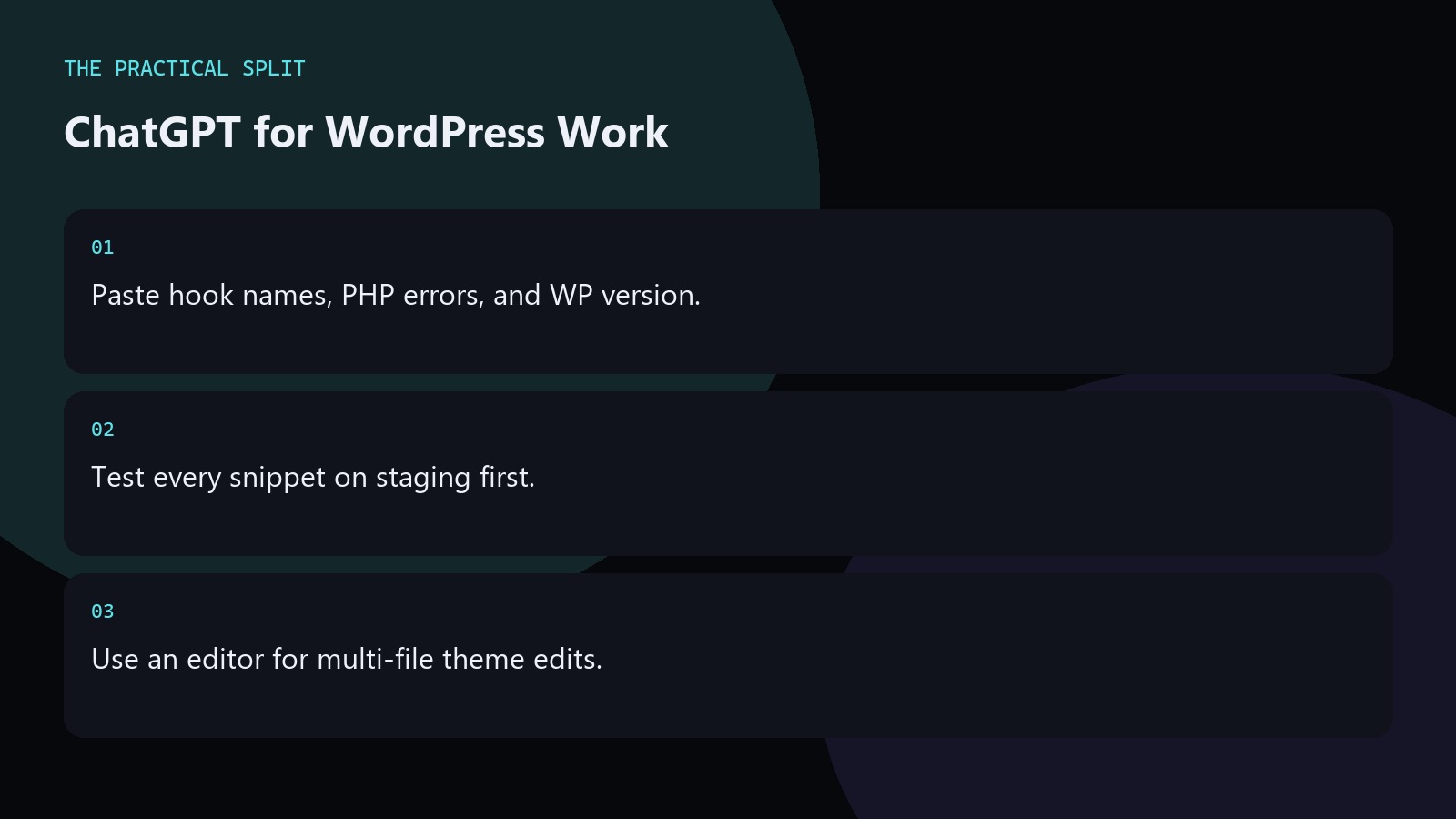 ChatGPT for WordPress Work. Paste hook names, PHP errors, and WP version.