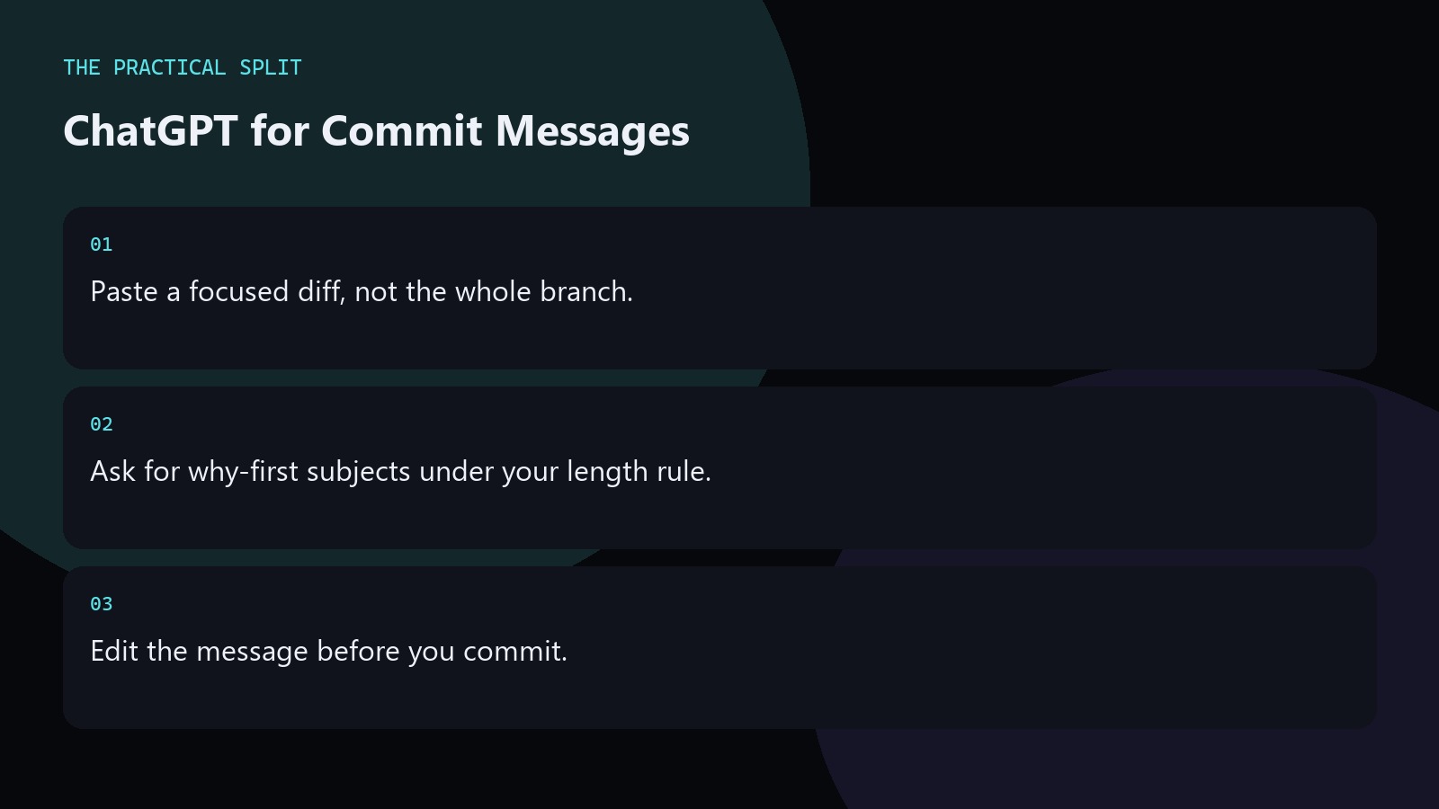 ChatGPT for Commit Messages. Paste a focused diff, not the whole branch.