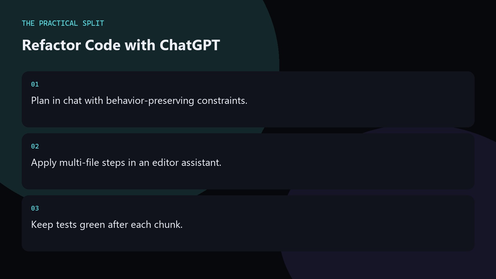 Refactor Code with ChatGPT. Plan in chat with behavior-preserving constraints.
