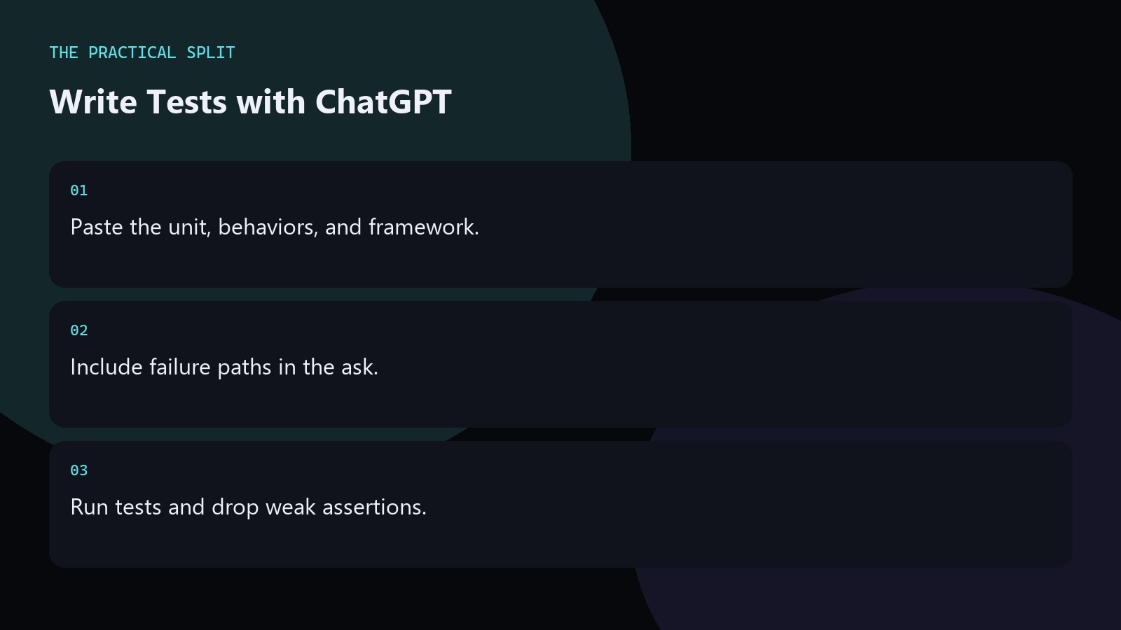Write Tests with ChatGPT. Paste the unit, behaviors, and framework.