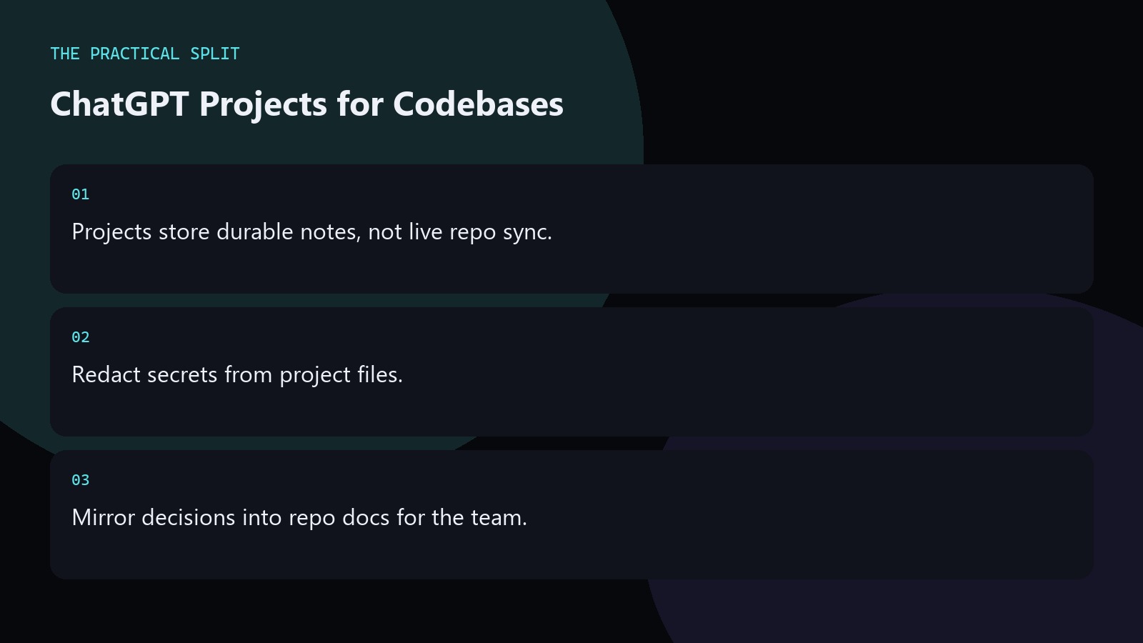 ChatGPT Projects for Codebases. Projects store durable notes, not live repo sync.