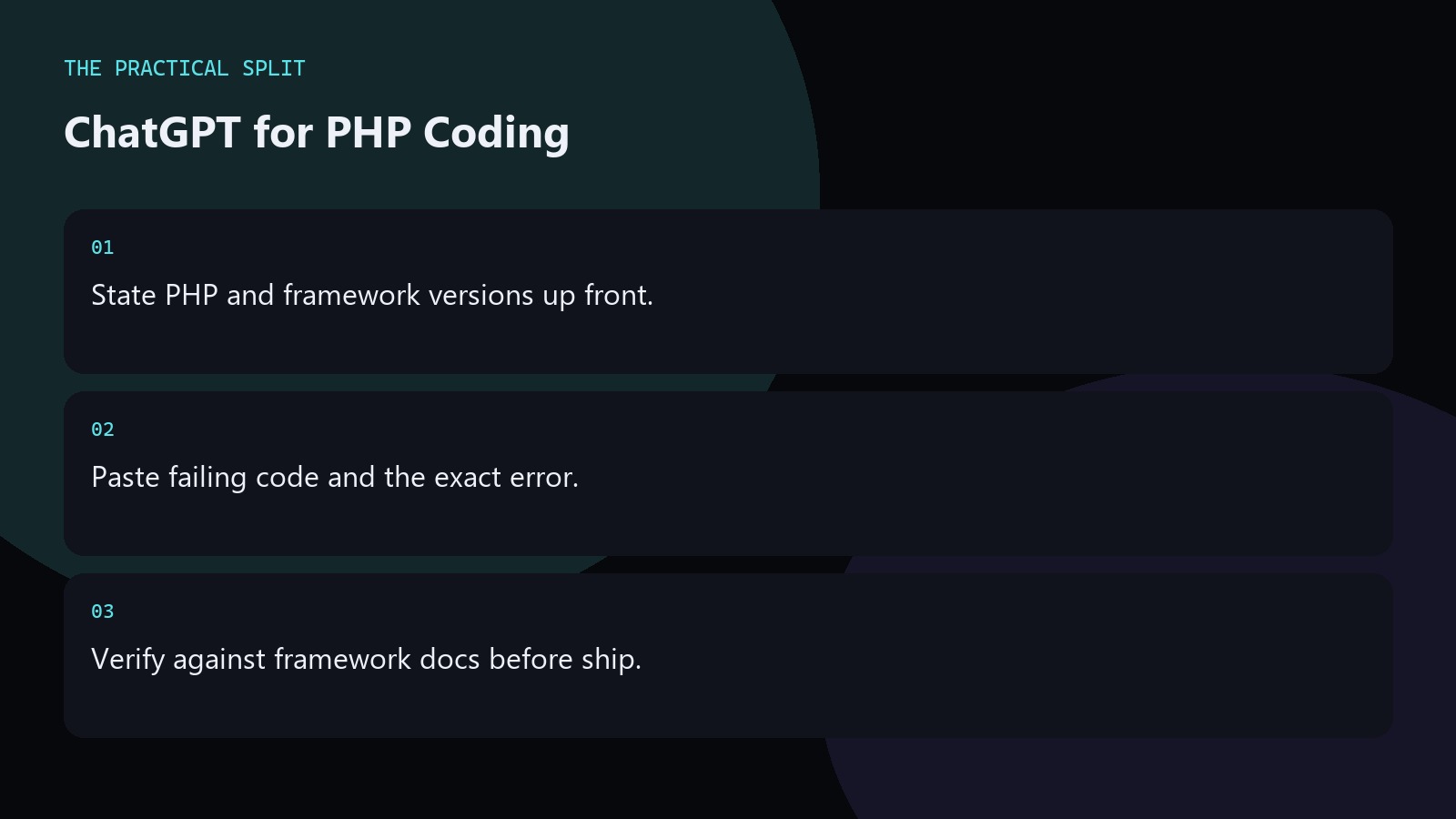 ChatGPT for PHP Coding. State PHP and framework versions up front.