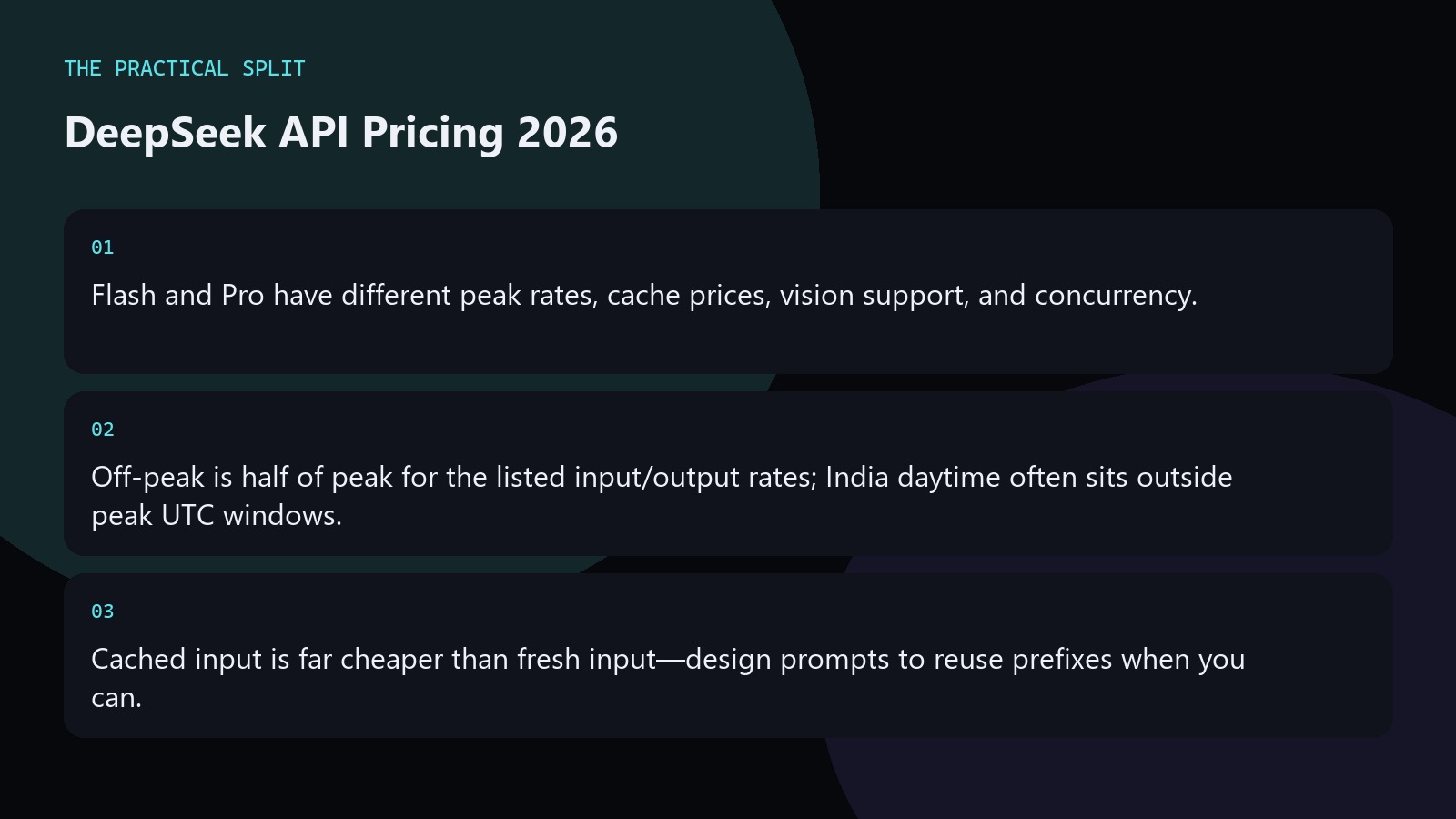 DeepSeek API Pricing 2026. Flash and Pro have different peak rates, cache prices, vision support, and concurrency.