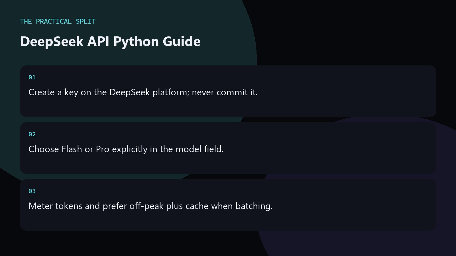 DeepSeek API Python Guide. Create a key on the DeepSeek platform; never commit it.
