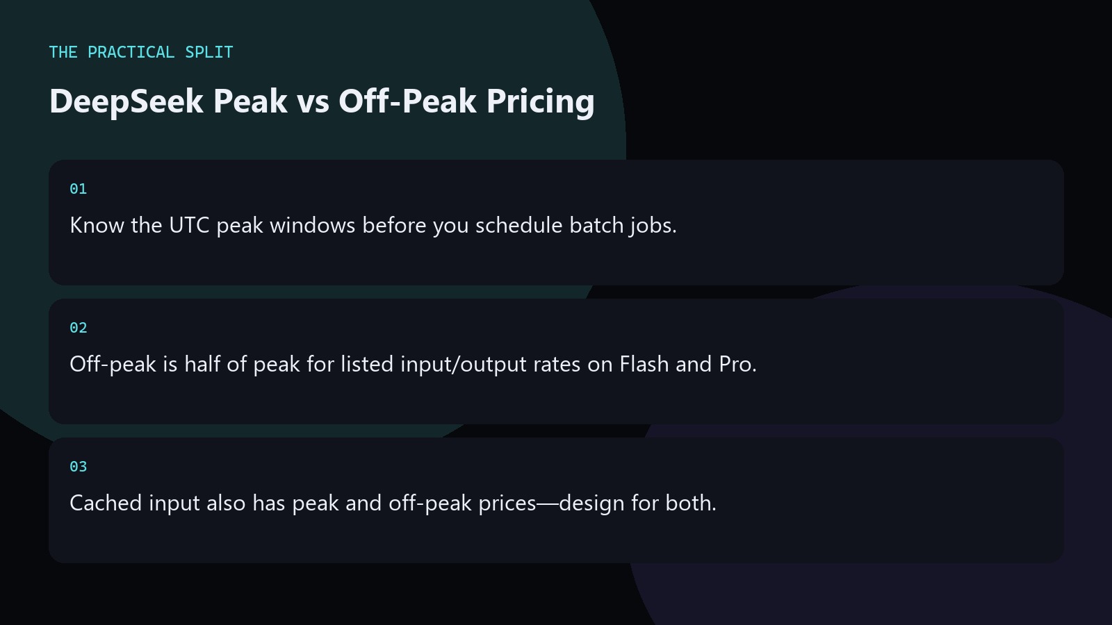 DeepSeek Peak vs Off-Peak Pricing. Know the UTC peak windows before you schedule batch jobs.