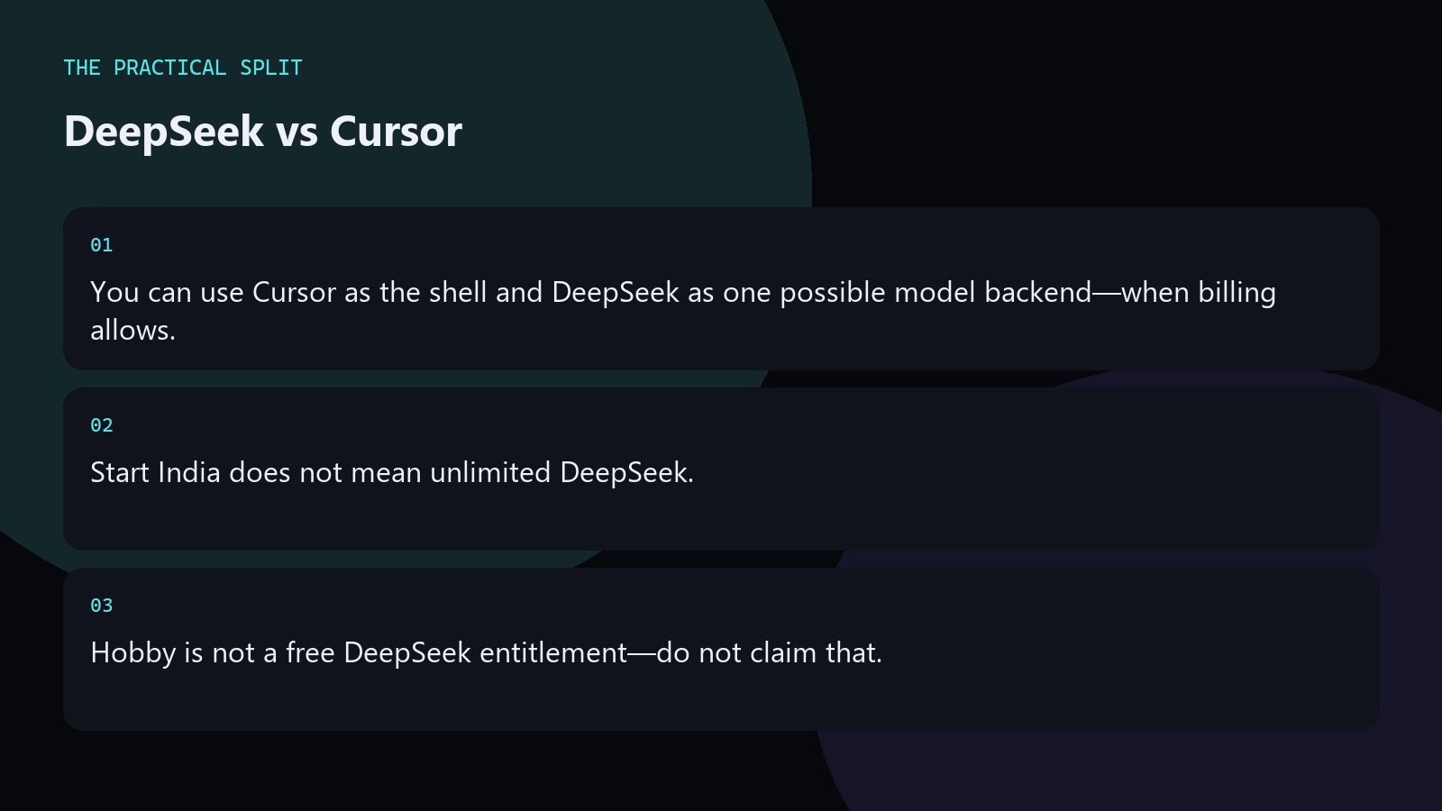 DeepSeek vs Cursor. You can use Cursor as the shell and DeepSeek as one possible model backend—when billing allows.