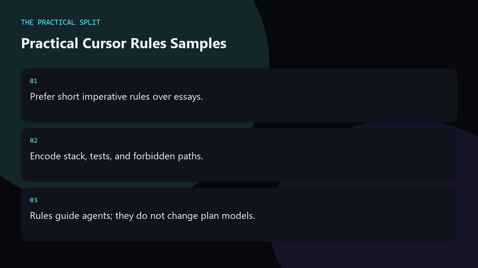 Practical Cursor Rules Samples. Prefer short imperative rules over essays.