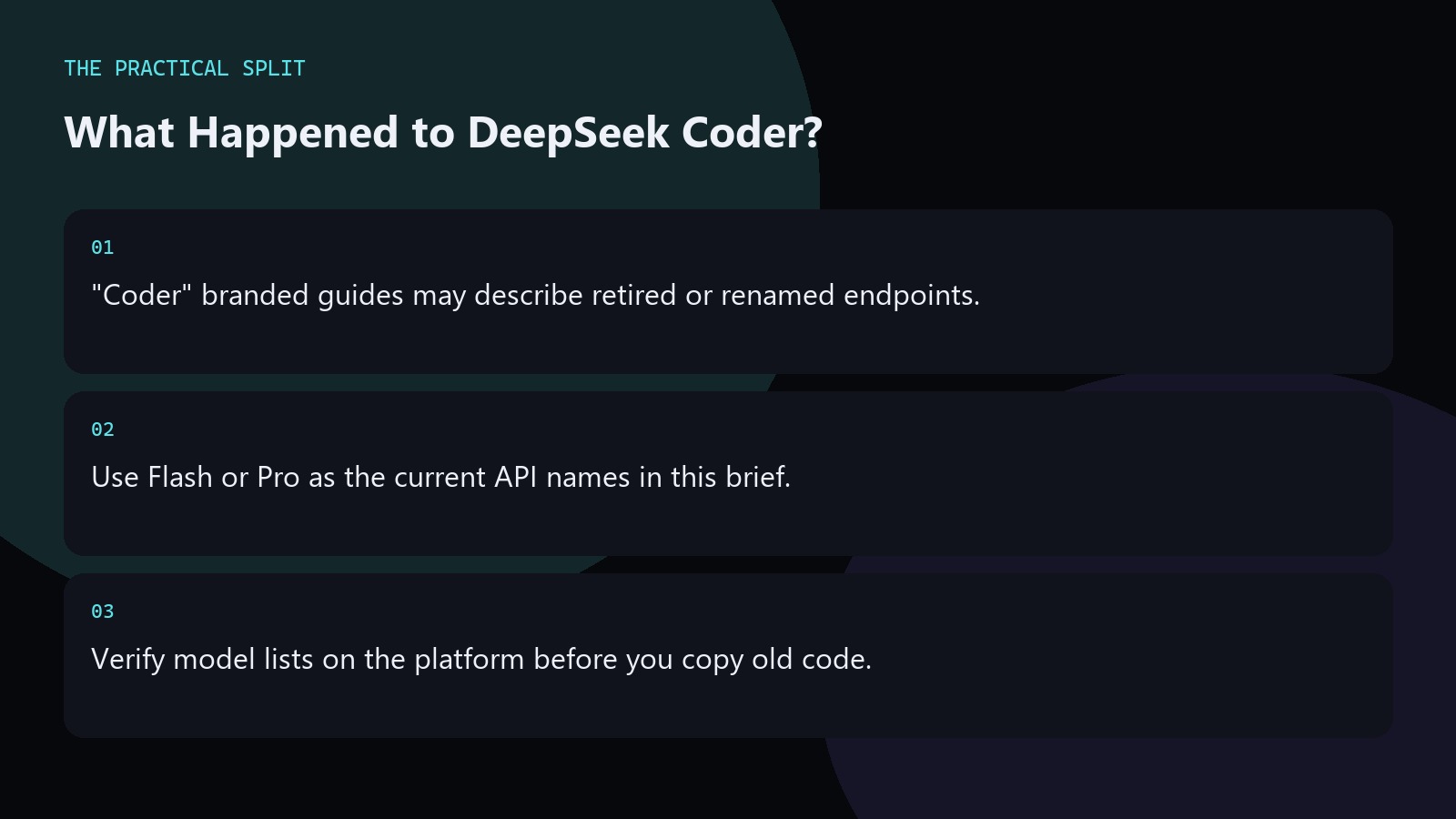 What Happened to DeepSeek Coder?. "Coder" branded guides may describe retired or renamed endpoints.