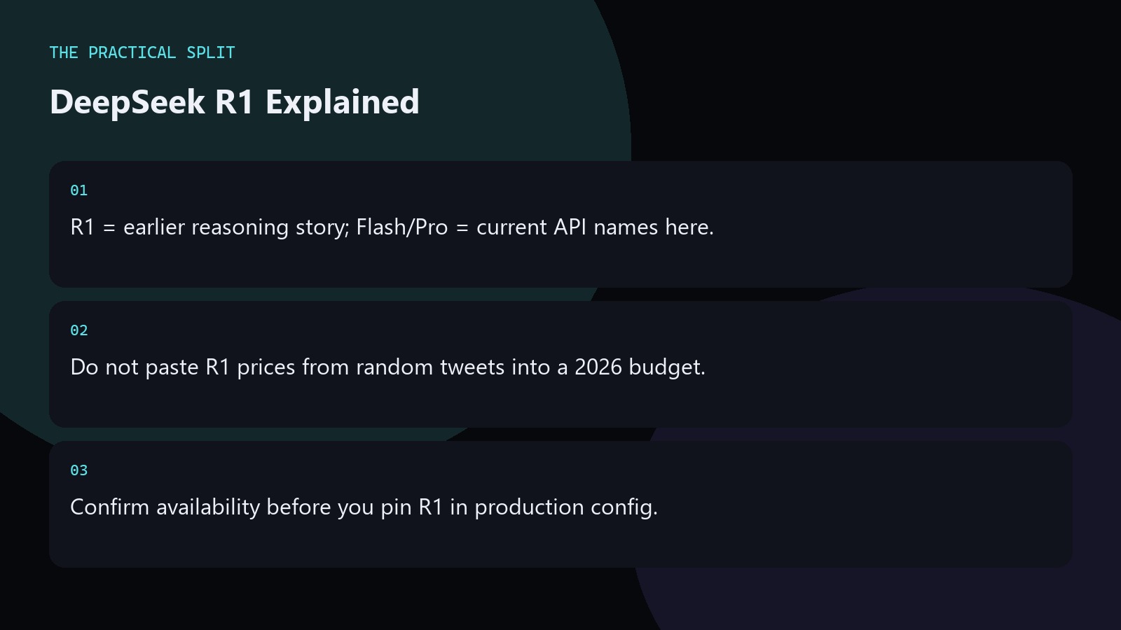 DeepSeek R1 Explained. R1 = earlier reasoning story; Flash/Pro = current API names here.