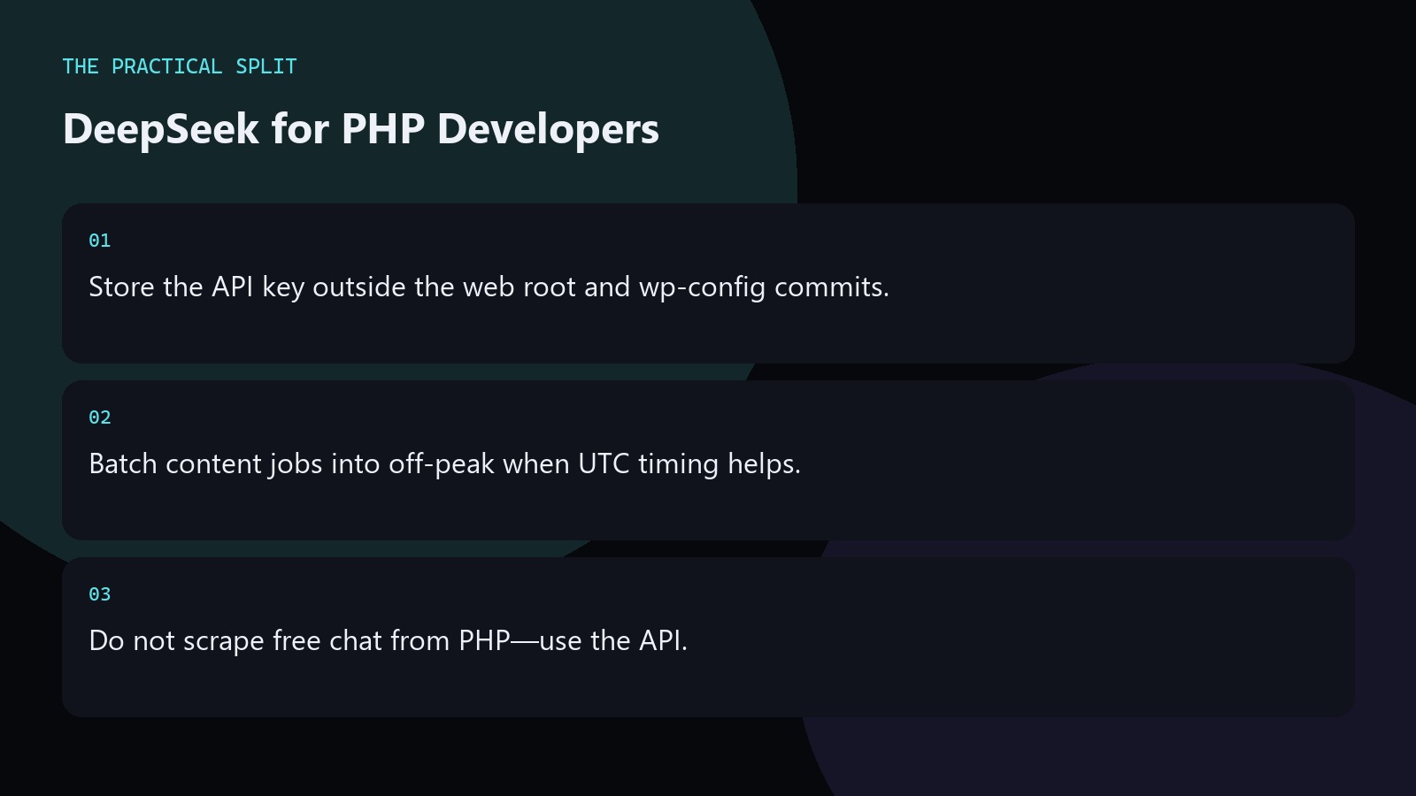 DeepSeek for PHP Developers. Store the API key outside the web root and wp-config commits.