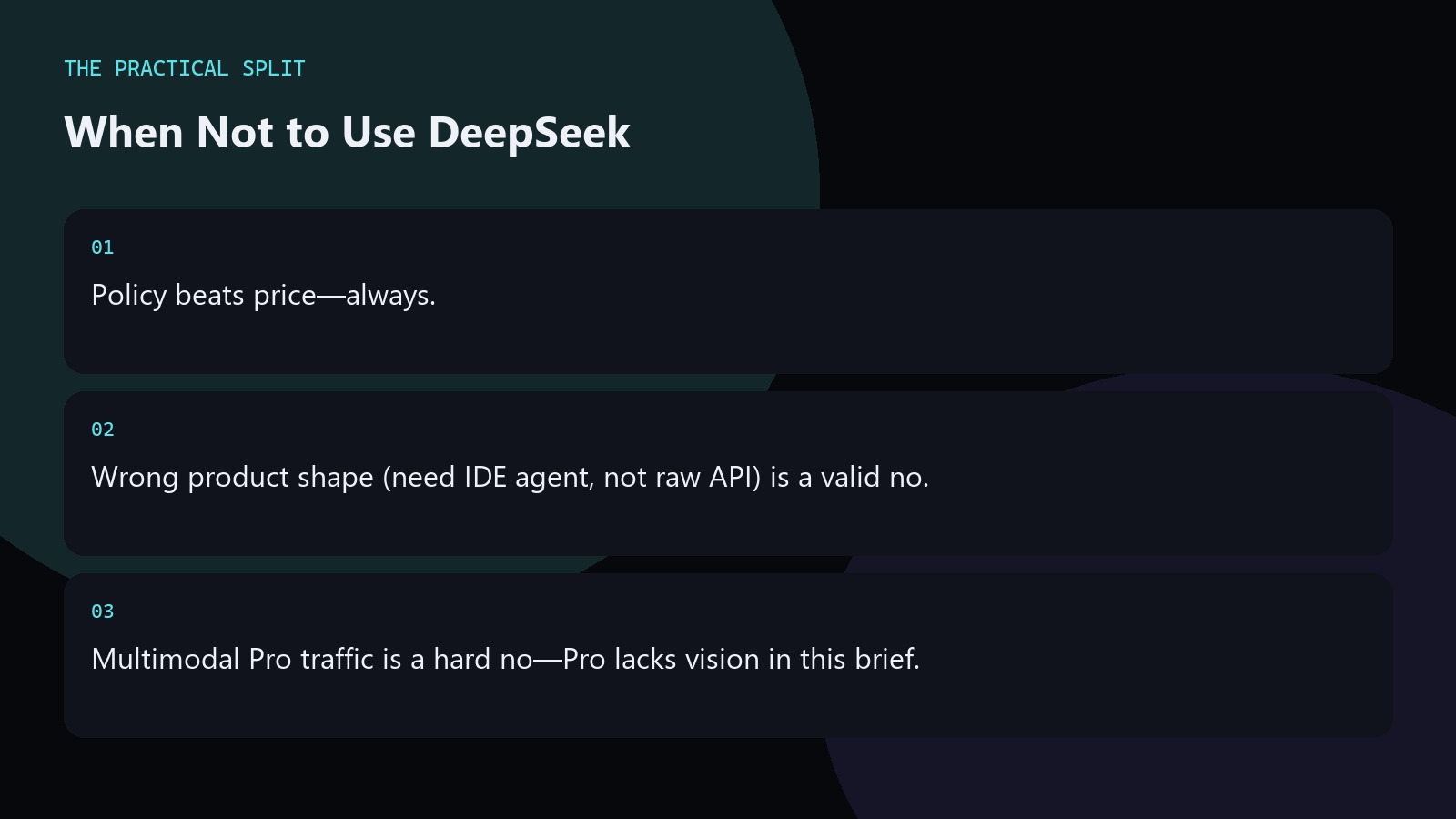 When Not to Use DeepSeek. Policy beats price—always.