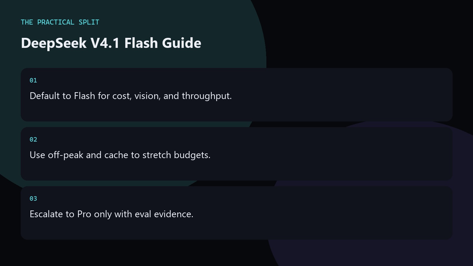 DeepSeek V4.1 Flash Guide. Default to Flash for cost, vision, and throughput.