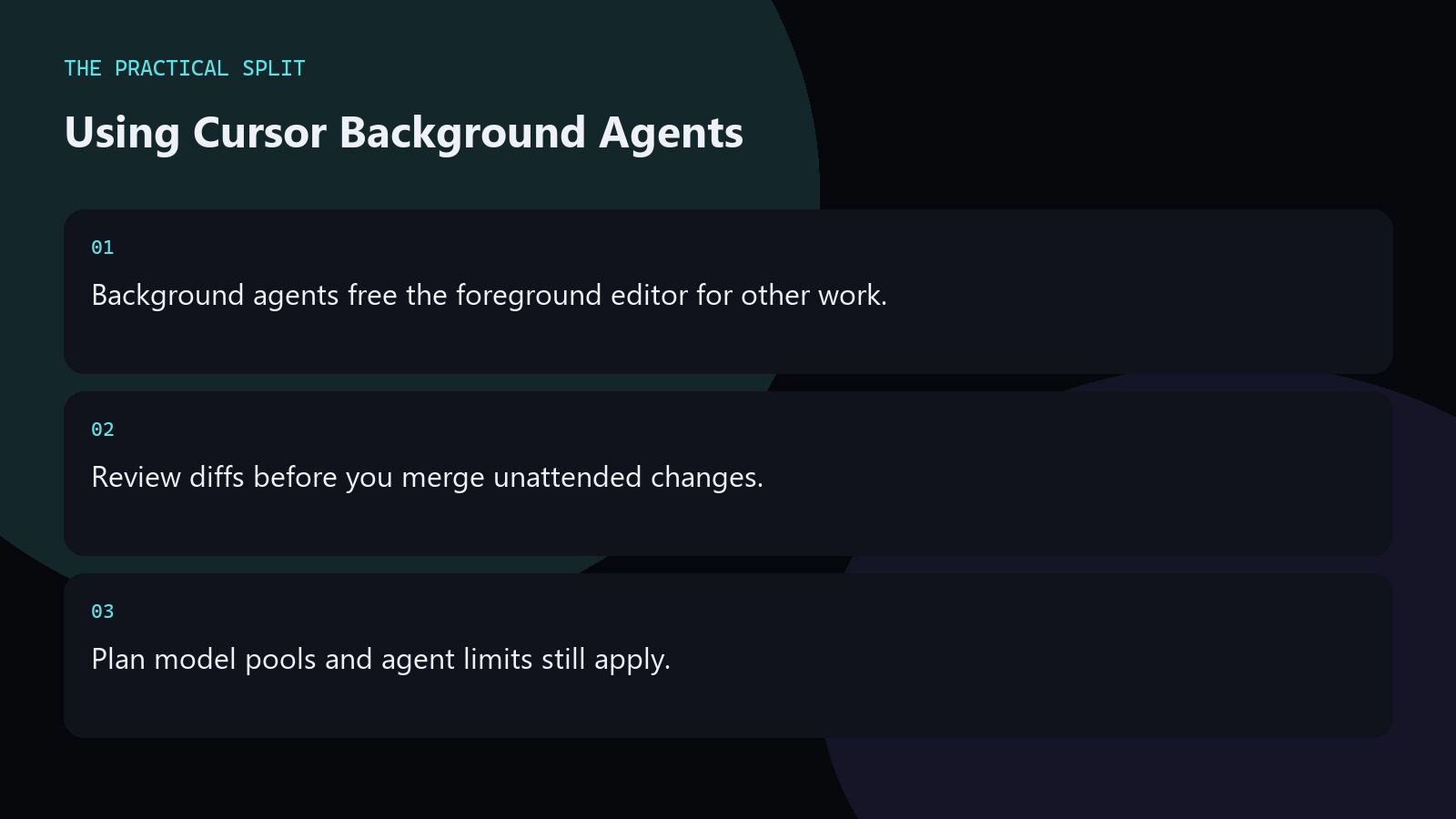 Using Cursor Background Agents. Background agents free the foreground editor for other work.