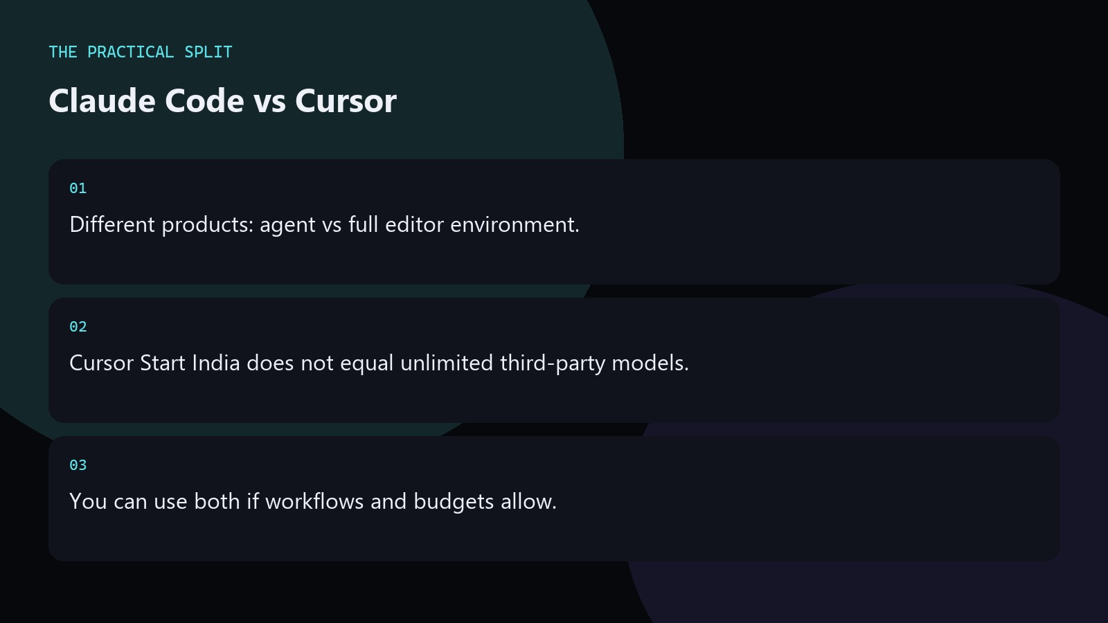 Claude Code vs Cursor. Different products: agent vs full editor environment.