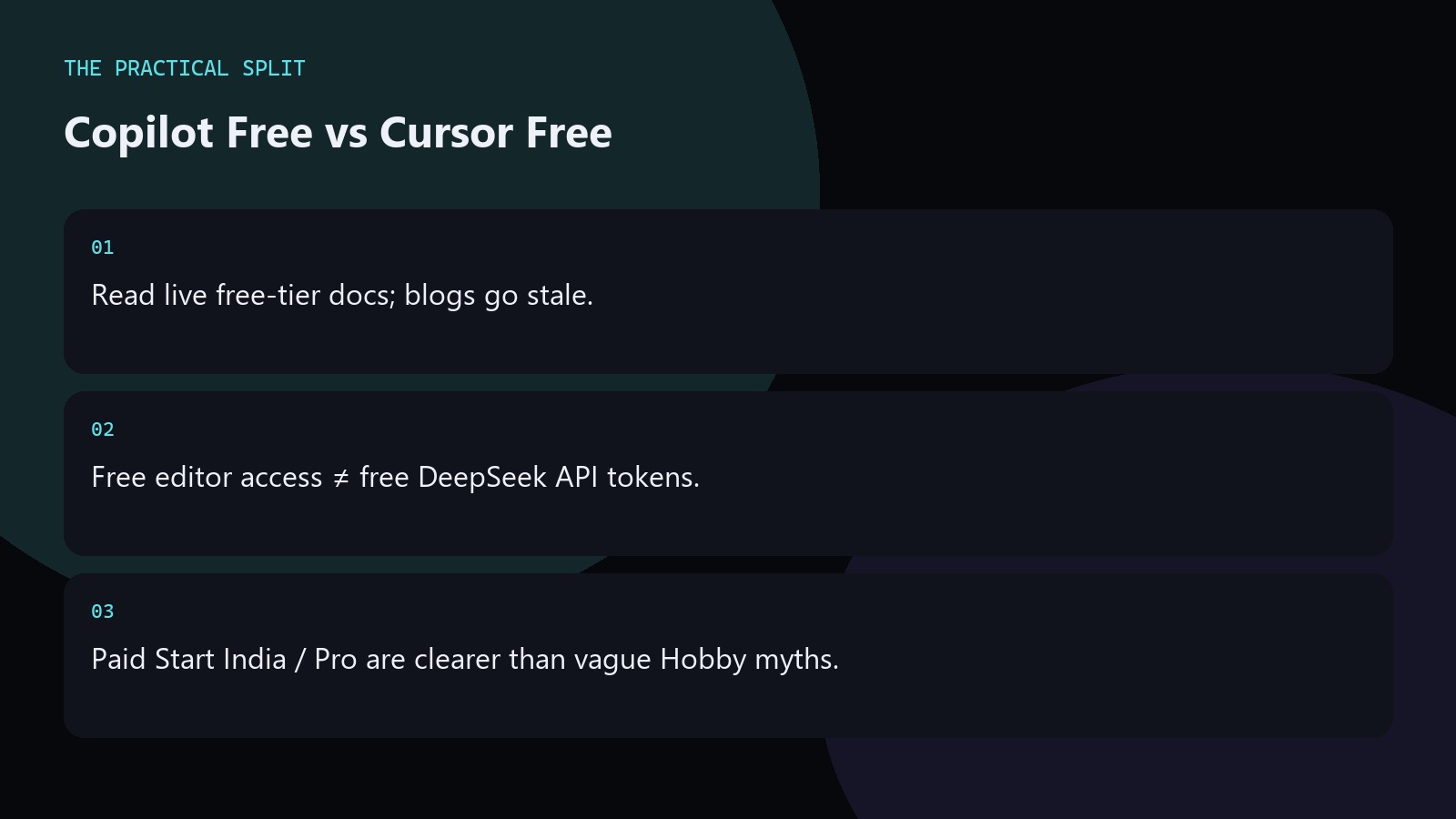 Copilot Free vs Cursor Free. Read live free-tier docs; blogs go stale.