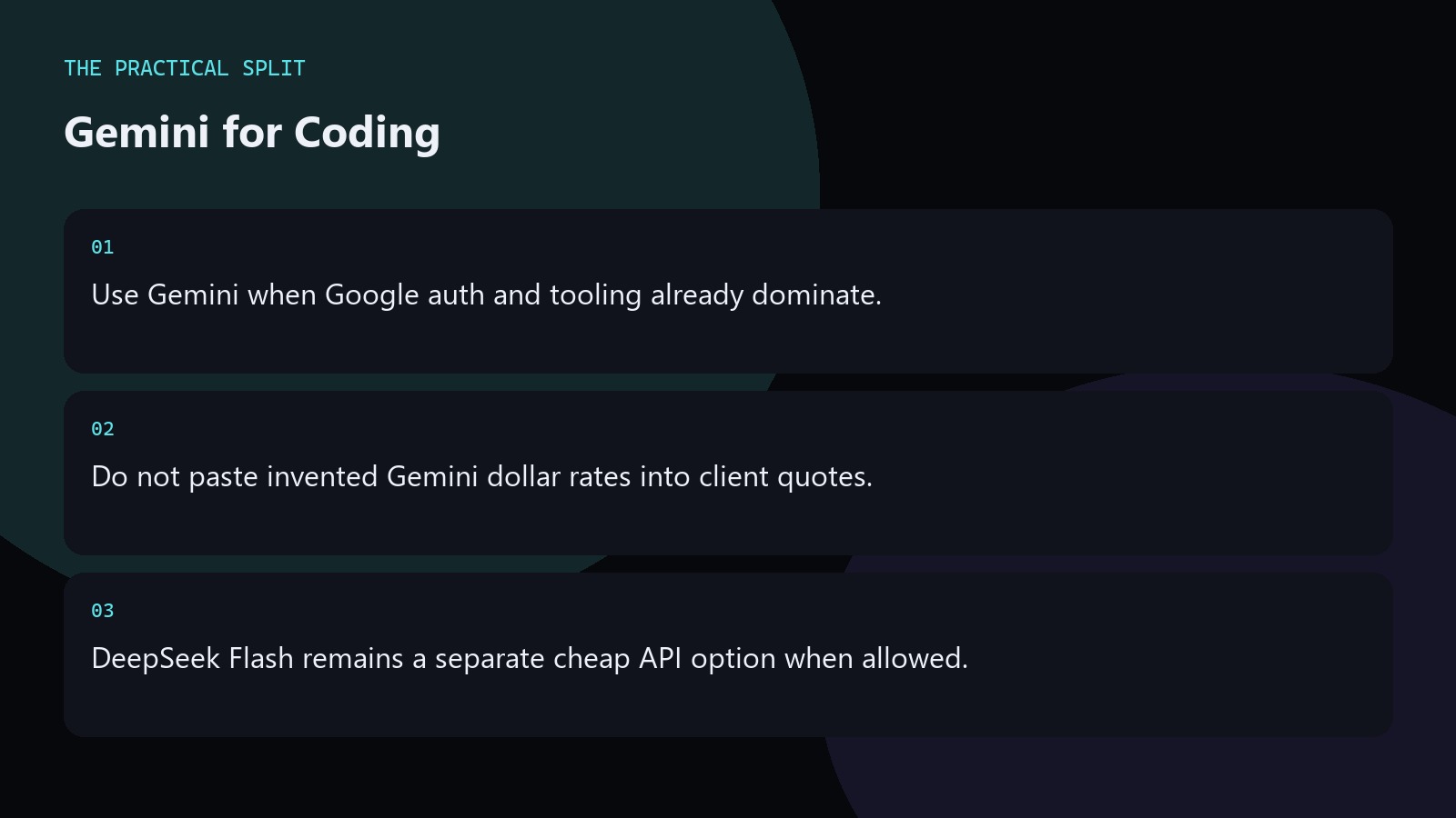 Gemini for Coding. Use Gemini when Google auth and tooling already dominate.
