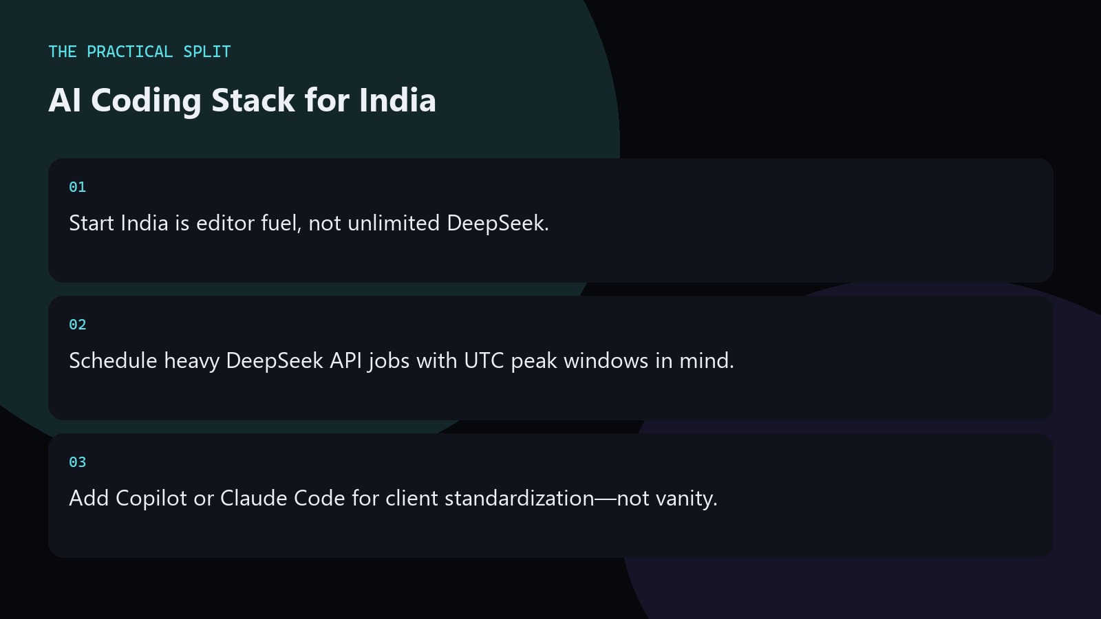 AI Coding Stack for India. Start India is editor fuel, not unlimited DeepSeek.