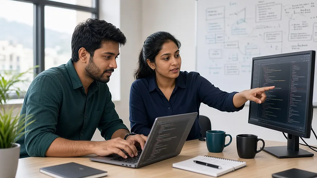 Cursor vs GitHub Copilot 2026: two developers pair programming at a laptop and external monitor in an office