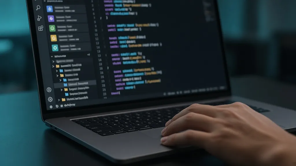 Cursor vs VSCode: code editor with the extensions panel and project folder tree open on a laptop