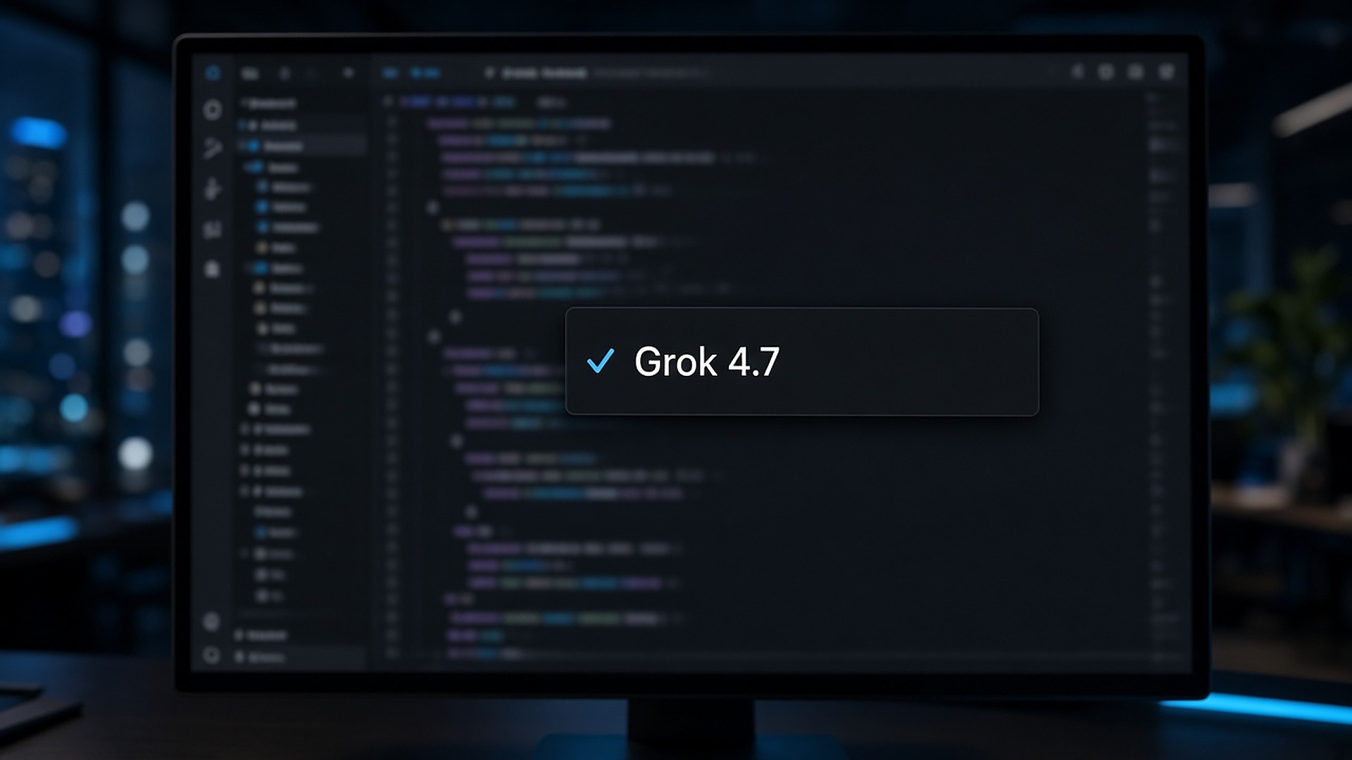 A code editor with Grok 4.7 selected in the model picker