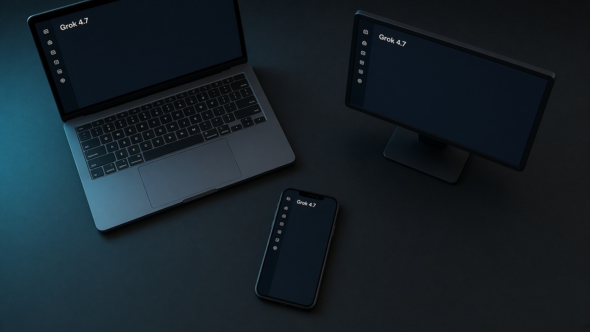 A laptop, a monitor, and a phone, each showing Grok 4.7